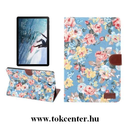 Samsung Galaxy Tab A 10.1 LTE (2019) SM-T515 /Samsung Galaxy Tab A 10.1 WIFI (2019) SM-T510 Tok álló, bőr (FLIP, oldalra nyíló, asztali tartó funkció, textil bevonat, virágminta) KÉK