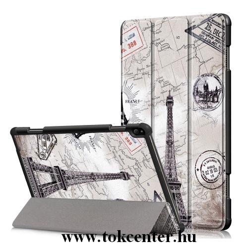 Apple IPAD Air 2019 (Air 3) /Apple IPAD Pro 10.5 (2017) Tok álló, bőr (aktív flip, oldalra nyíló, TRIFOLD asztali tartó funkció, Eiffel torony, térképminta) SZÜRKE