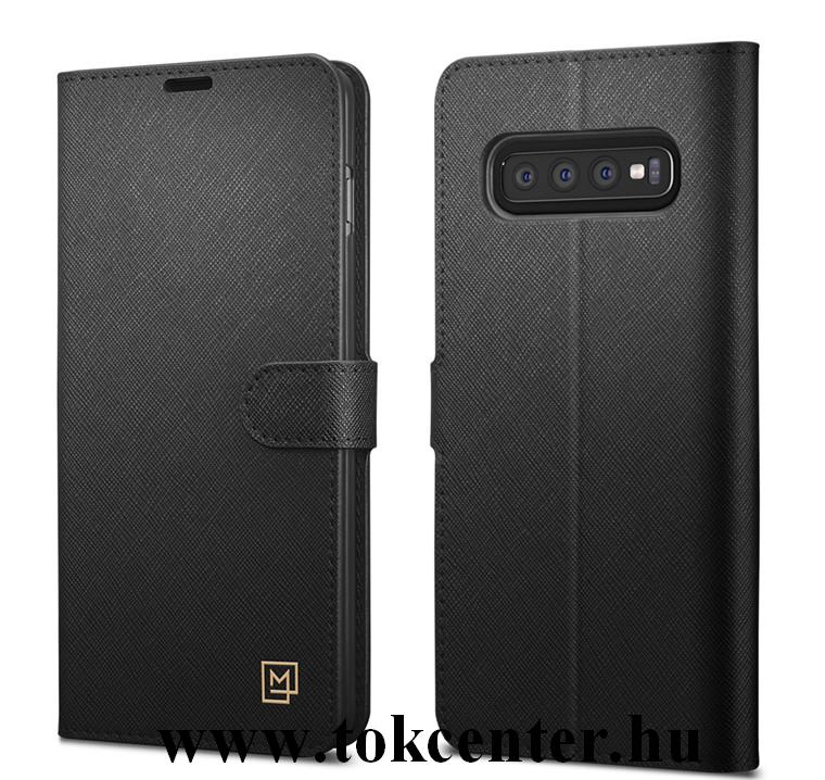 Samsung Galaxy S10 Plus (SM-G975) SPIGEN LA MANON WALLET SAFFIANO tok álló, bőr (FLIP, oldalra nyíló, bankkártya tartó, asztali tartó funkció) FEKETE