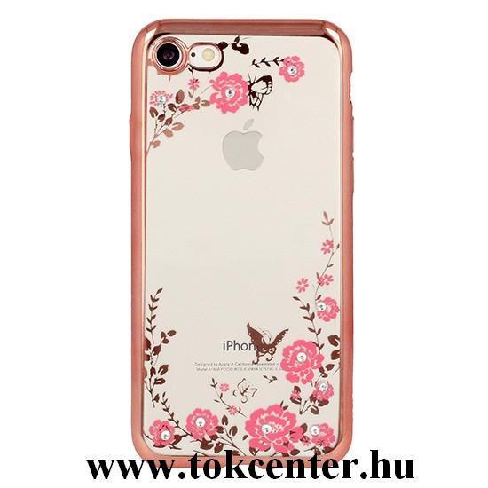 Forcell Huawei Y6 2019 Telefonvédő gumi / szilikon (virág mintás köves szilikon) ROSEGOLD/ÁTLÁTSZÓ