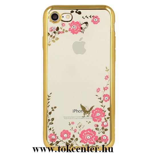 Samsung A705 Galaxy A70 Telefonvédő gumi / szilikon (virág mintás köves tok) ARANY/ÁTLÁTSZÓ