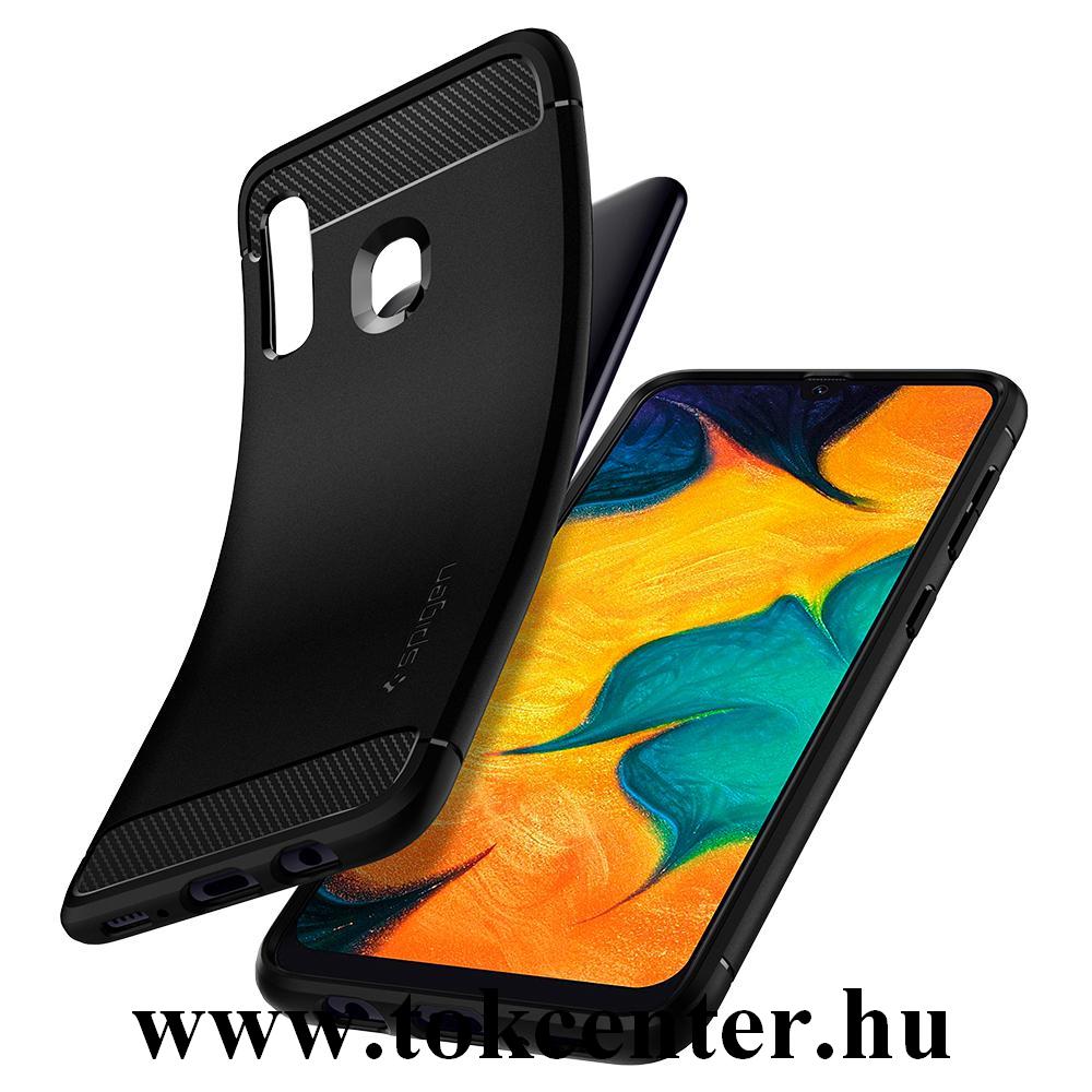 Samsung Galaxy A30 (SM-A305F) SPIGEN RUGGED ARMOR telefonvédő gumi / szilikon (közepesen ütésálló, légpárnás sarok, karbonminta) FEKETE