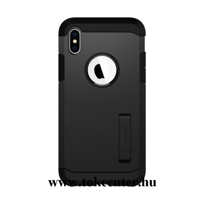 Apple iPhone XR 6.1 SPIGEN TOUGH ARMOR telefonvédő gumi / szilikon (közepesen ütésálló, műanyag hátlap, légpárnás sarok, kitámasztó) FEKETE