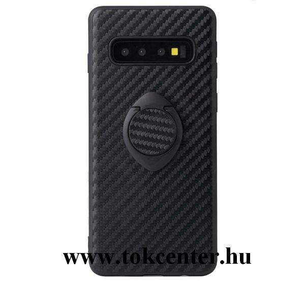 Samsung Galaxy S10 (SM-G973) Műanyag telefonvédő (szilikon keret, asztali tartó, telefontartó gyűrű, beépített fémlemez, karbon minta) FEKETE