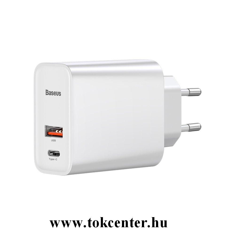 BASEUS hálózati töltő USB / Type-C aljzat (10V / 3000mA, 30W + Type-C kábel ) FEHÉR (TZCAFS-A02)