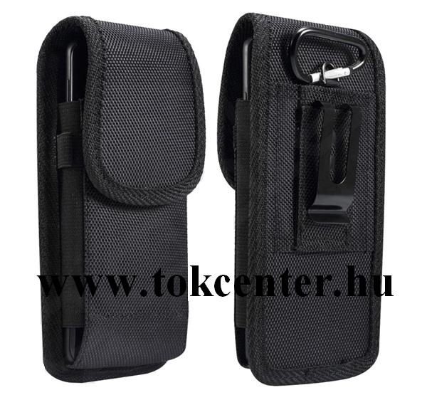 Tok álló, textil (derékra rögzíthető övtáska, tépőzáras, bankkártya tartó, vízálló, univerzális 5.7-6.3'' méret) FEKETE