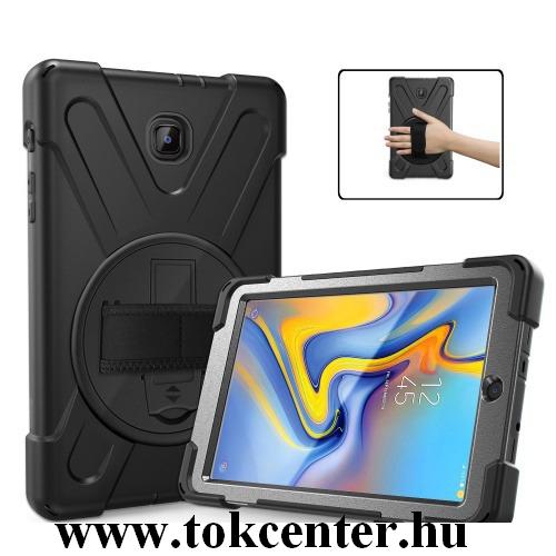 Samsung Galaxy Tab A 10.5 LTE (2018) SM-T595 /Samsung Galaxy Tab A 10.5 WIFI (2018) SM-T590 Műanyag telefonvédő (kézpánt, közepesen ütésálló, kitámasztó, 360°-ban forgatható, vállra akasztható) FEKETE