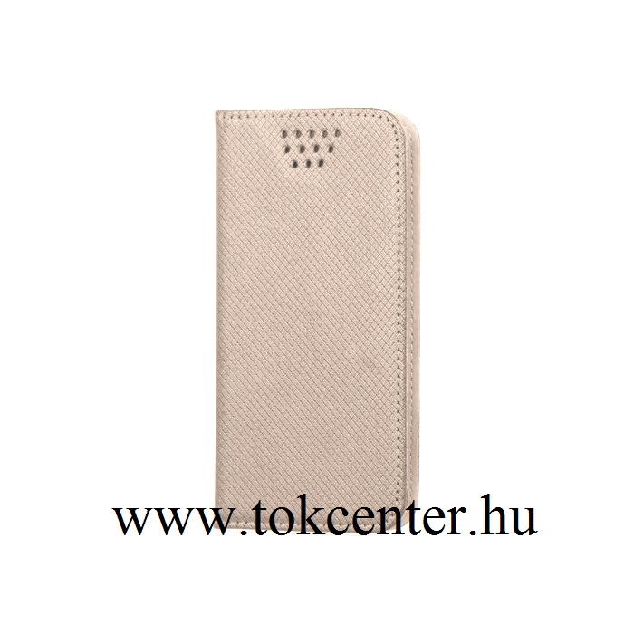 Tok álló, bőr (oldalra nyíló, csúsztatható, öntapadós rögzítés, univerzális, 5.5-5.7'' méret, rombuszminta) ARANY