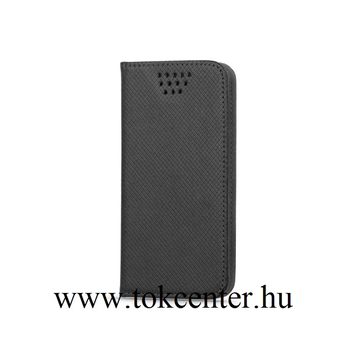 Tok álló, bőr (oldalra nyíló, csúsztatható, öntapadós rögzítés, univerzális, 5.5-5.7'' méret, rombuszminta) FEKETE