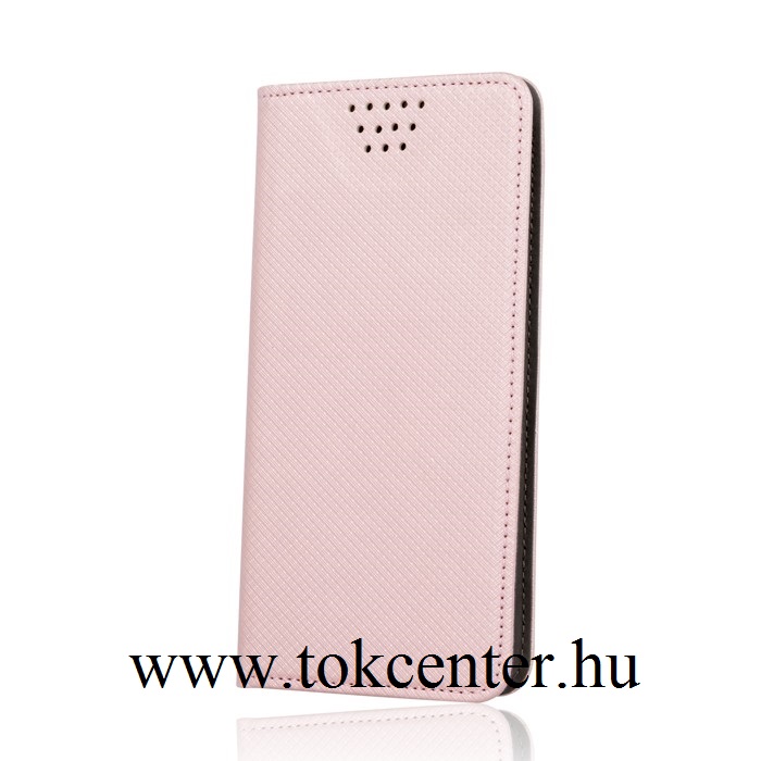 Tok álló, bőr (oldalra nyíló, csúsztatható, öntapadós rögzítés, univerzális, 5.5-5.7'' méret, rombuszminta) ROZÉARANY