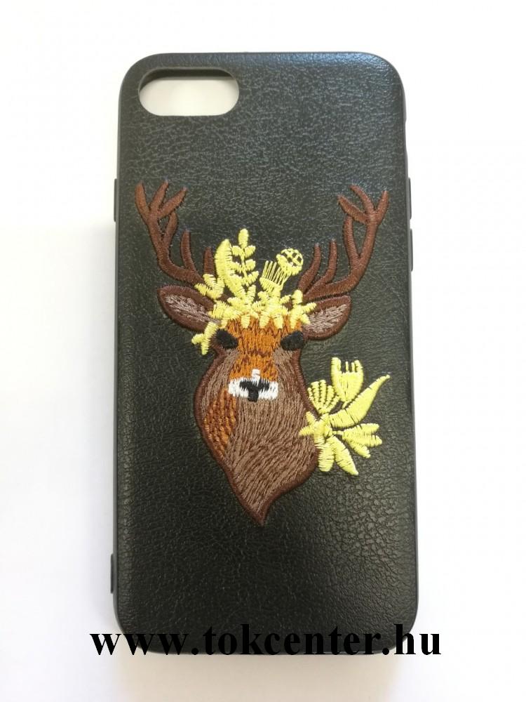Apple iPhone 7 (4,7'')/ Apple iPhone 8 (4,7'') fekete hímzett szarvas mintás műbőr hátlap tok