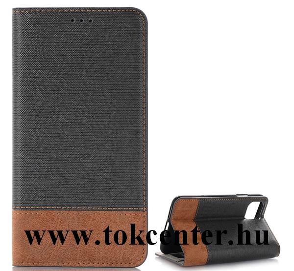 Apple iPhone 11 Tok álló, bőr hatású (aktív flip, oldalra nyíló, asztali tartó funkció, textil hatás) FEKETE
