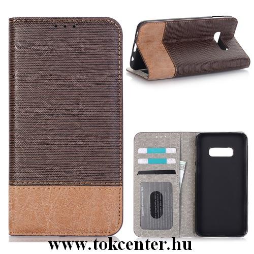 Apple iPhone 11 Pro Tok álló, bőr hatású (aktív flip, oldalra nyíló, asztali tartó funkció, textil hatás) SÖTÉTBARNA