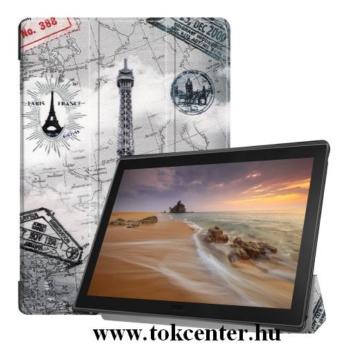 Samsung Galaxy Tab S6 10.5 LTE (SM-T865) /Samsung Galaxy Tab S6 10.5 WIFI (SM-T860) Tok álló, bőr hatású (aktív flip, oldalra nyíló, TRIFOLD asztali tartó funkció, Eiffel torony, térkép minta) SZÜRKE