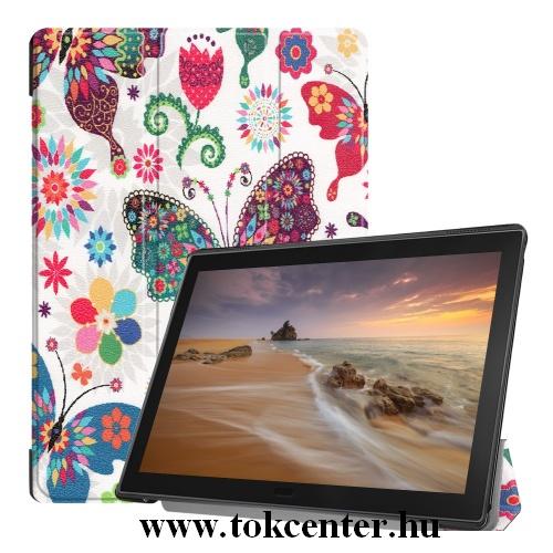 Samsung Galaxy Tab S6 10.5 LTE (SM-T865) /Samsung Galaxy Tab S6 10.5 WIFI (SM-T860) Tok álló, bőr hatású (aktív flip, oldalra nyíló, TRIFOLD asztali tartó funkció, pillangó, virág minta) FEHÉR