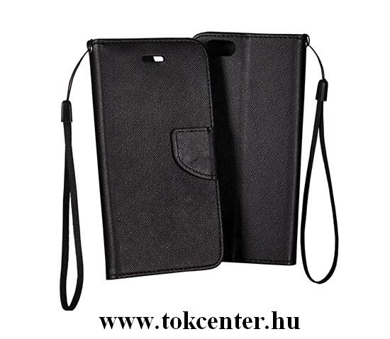 Samsung Galaxy Note 10 (SM-N970F) Tok álló, bőr hatású (FLIP, oldalra nyíló, asztali tartó funkció, csuklópánt, textil minta) FEKETE