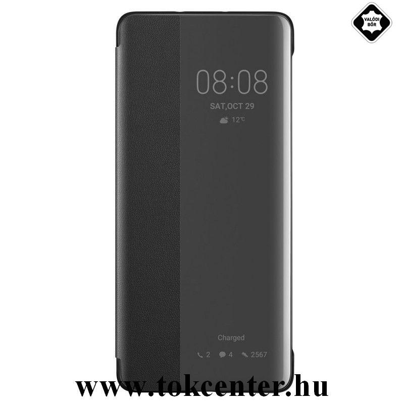Huawei P30 Tok álló, valódi bőr (aktív flip, oldalra nyíló, Smart View Cover) FEKETE