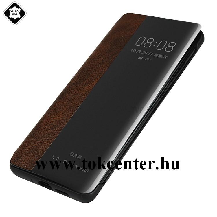 Huawei P30 Tok álló, valódi bőr (aktív flip, oldalra nyíló, Smart View Cover) SÖTÉTBARNA