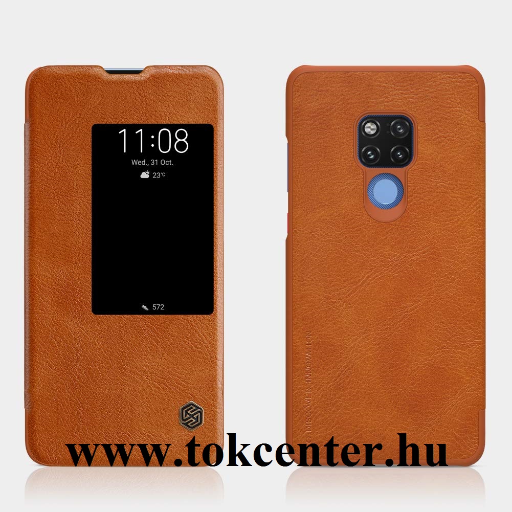 HUAWEI Mate 20 NILLKIN QIN tok álló, bőr (aktív flip, oldalra nyíló, S-View Cover) BARNA	