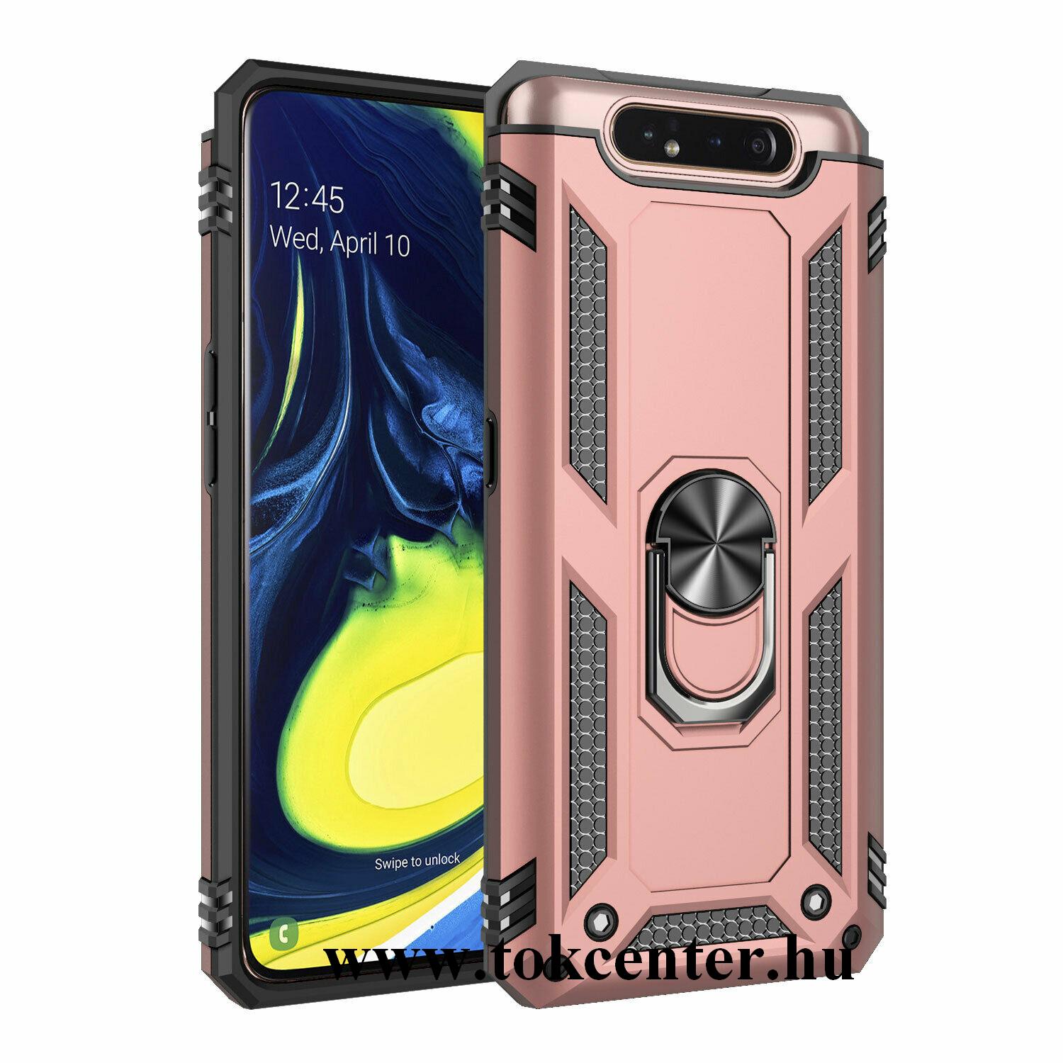 Samsung Galaxy A80 (SM-A805F) Defender műanyag telefonvédő (közepesen ütésálló, szilikon belső, telefontartó gyűrű, beépített fémlemez) ROZÉARANY