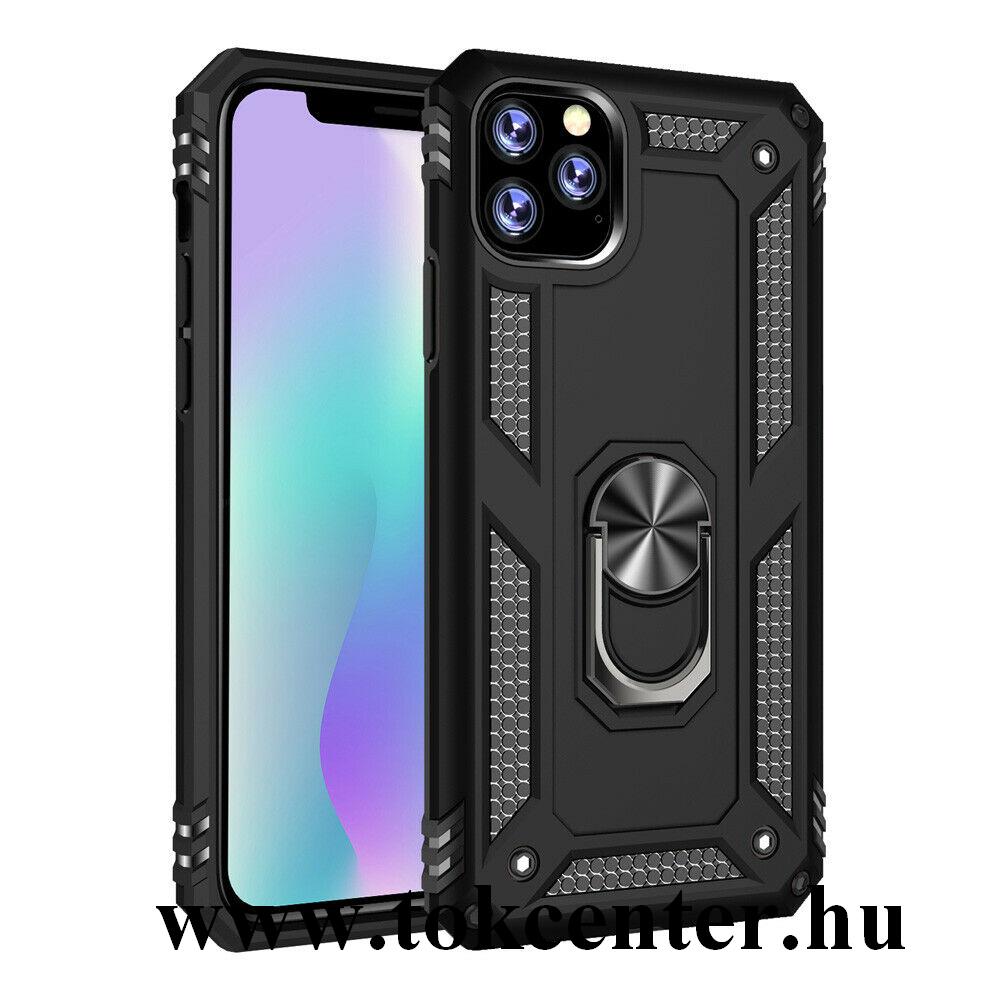 Apple iPhone 11 Pro Max Defender műanyag telefonvédő (közepesen ütésálló, szilikon belső, telefontartó gyűrű, beépített fémlemez) FEKETE