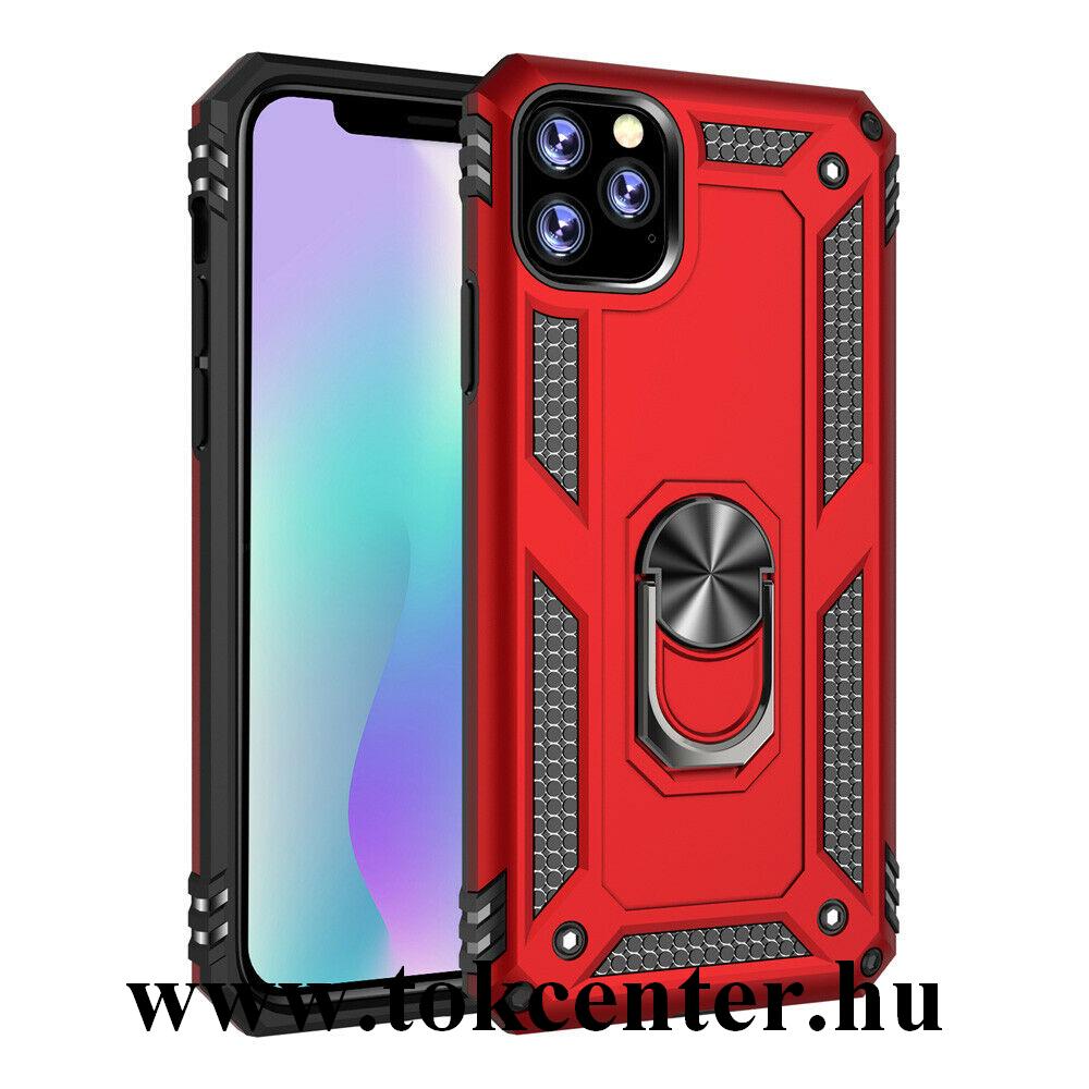 Apple iPhone 11 Pro Max Defender műanyag telefonvédő (közepesen ütésálló, szilikon belső, telefontartó gyűrű, beépített fémlemez) PIROS