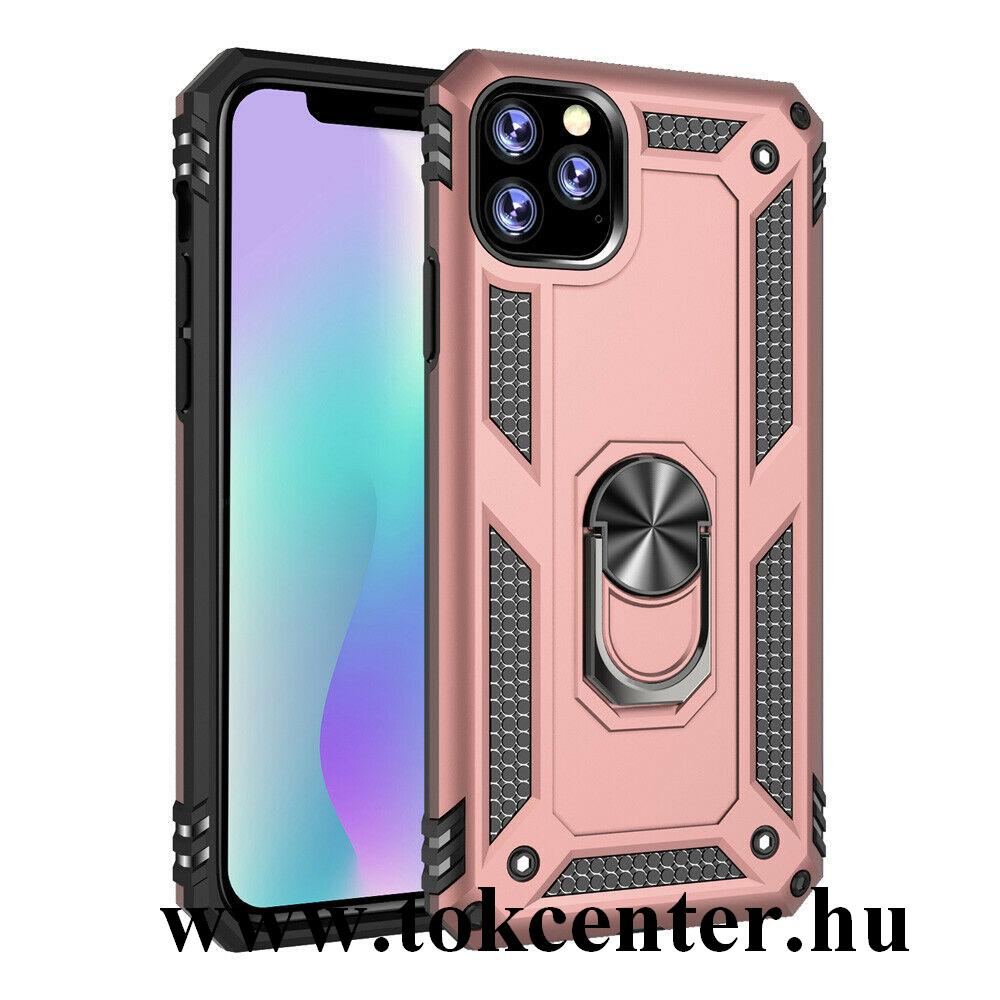 Apple iPhone 11 Pro Max Defender műanyag telefonvédő (közepesen ütésálló, szilikon belső, telefontartó gyűrű, beépített fémlemez) ROZÉARANY