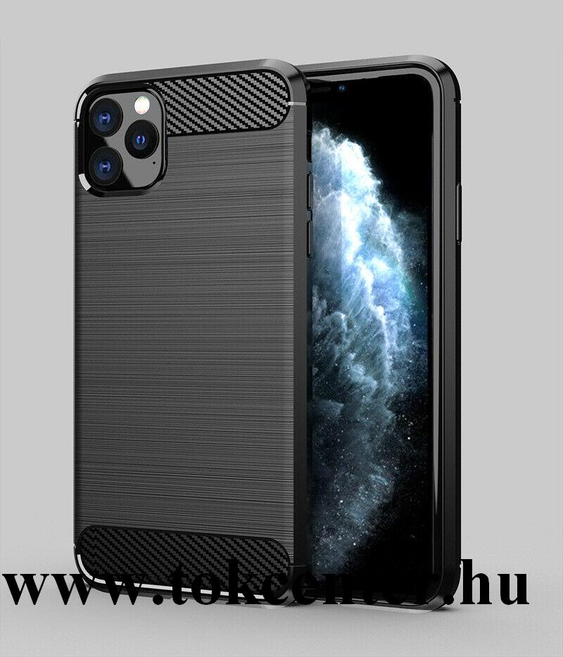 Apple iPhone 11 Pro Max Szilikon telefonvédő (közepesen ütésálló, légpárnás sarok, szálcsiszolt, karbon minta) FEKETE
