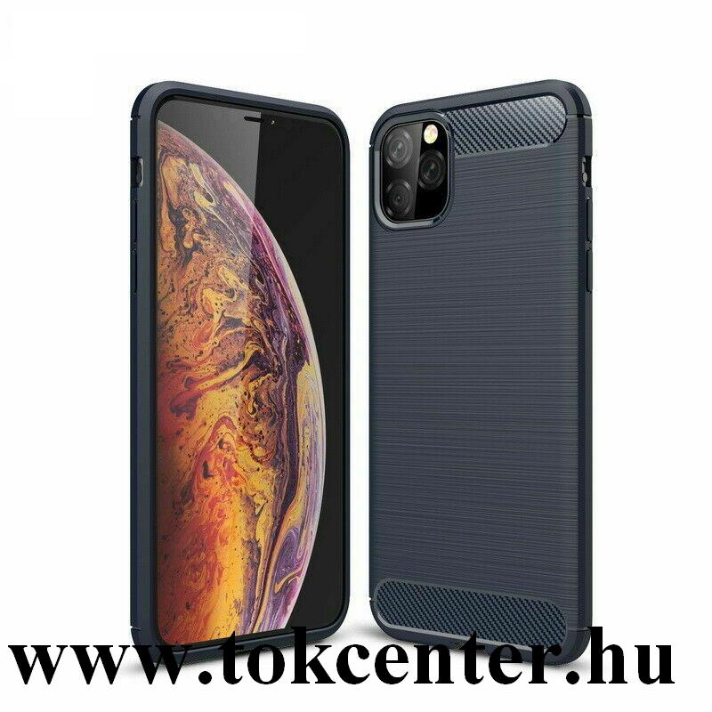 Apple iPhone 11 Pro Max Szilikon telefonvédő (közepesen ütésálló, légpárnás sarok, szálcsiszolt, karbon minta) SÖTÉTKÉK