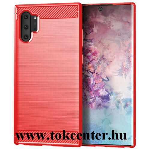 Samsung Galaxy Note 10 Plus (SM-N975F) Szilikon telefonvédő (közepesen ütésálló, légpárnás sarok, szálcsiszolt, karbon minta) PIROS
