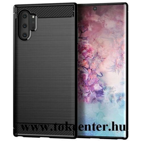 Samsung Galaxy Note 10 Plus (SM-N975F) Szilikon telefonvédő (közepesen ütésálló, légpárnás sarok, szálcsiszolt, karbon minta) FEKETE