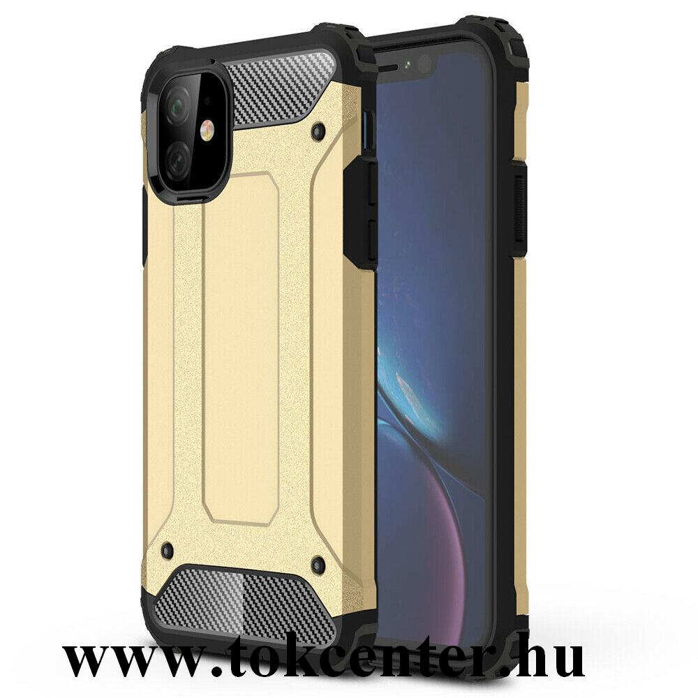 Apple iPhone 11 Defender műanyag telefonvédő (közepesen ütésálló, légpárnás sarok, szilikon belső, fémhatás) ARANY