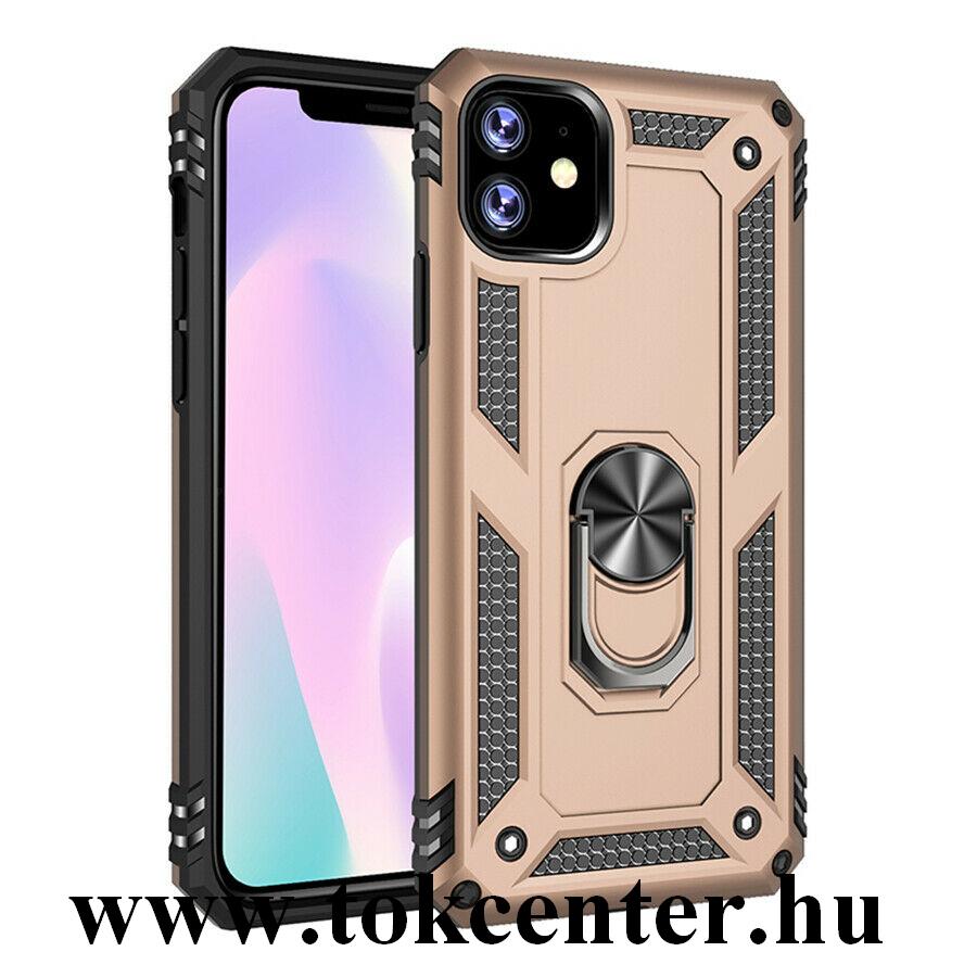 Apple iPhone 11 Defender műanyag telefonvédő (közepesen ütésálló, szilikon belső, telefontartó gyűrű, beépített fémlemez) ARANY