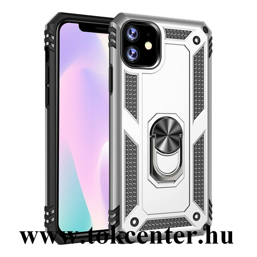 Apple iPhone 11 Defender műanyag telefonvédő (közepesen ütésálló, szilikon belső, telefontartó gyűrű, beépített fémlemez) EZÜST