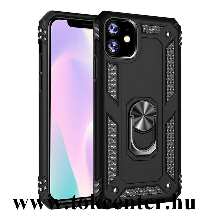 Apple iPhone 11 Defender műanyag telefonvédő (közepesen ütésálló, szilikon belső, telefontartó gyűrű, beépített fémlemez) FEKETE