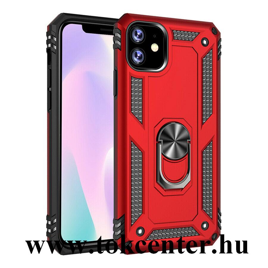 Apple iPhone 11 Defender műanyag telefonvédő (közepesen ütésálló, szilikon belső, telefontartó gyűrű, beépített fémlemez) PIROS