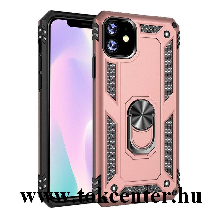 Apple iPhone 11 Defender műanyag telefonvédő (közepesen ütésálló, szilikon belső, telefontartó gyűrű, beépített fémlemez) ROZÉARANY
