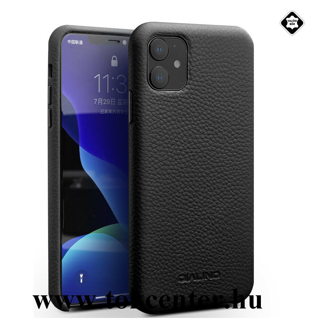 Apple iPhone 11 QIALINO műanyag telefonvédő (valódi bőr bevonat, érdes felületű) FEKETE