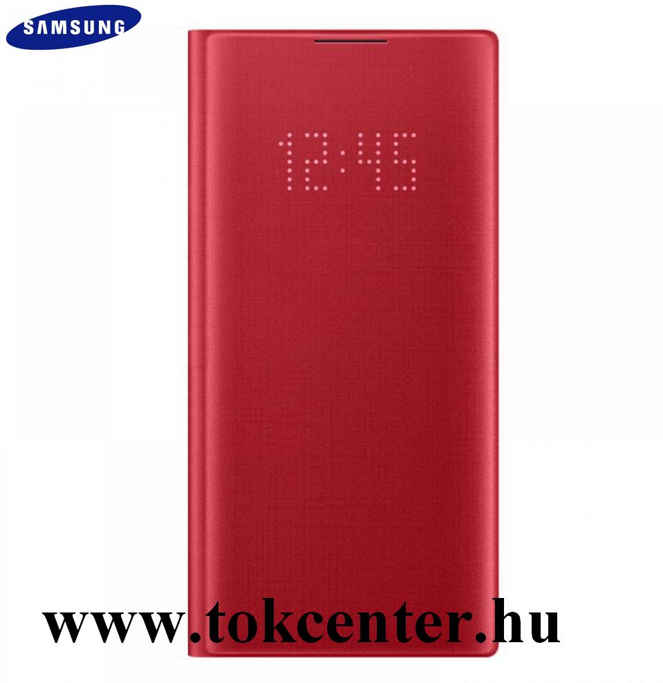 Samsung Galaxy Note 10 (SM-N970F) Tok álló (aktív flip, oldalra nyíló, bankkártya tartó, LED kijelző, textil minta) PIROS (EF-NN970PREGWW)