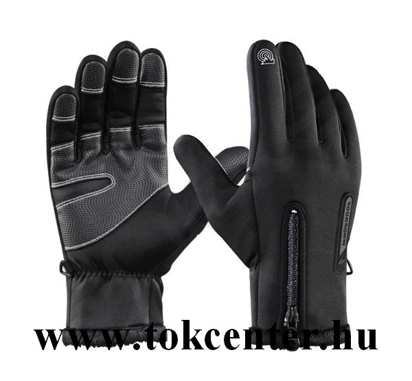 Érintő kesztyű (kapacitív kijelzőhöz, termo, 5 ujjas speciális érzékelőfelület, motorozáshoz ajánlott, L méret) FEKETE