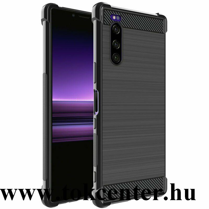 Sony Xperia 5 IMAK VEGA szilikon telefonvédő (közepesen ütésálló, légpárnás sarok, szálcsiszolt, karbon minta) FEKETE