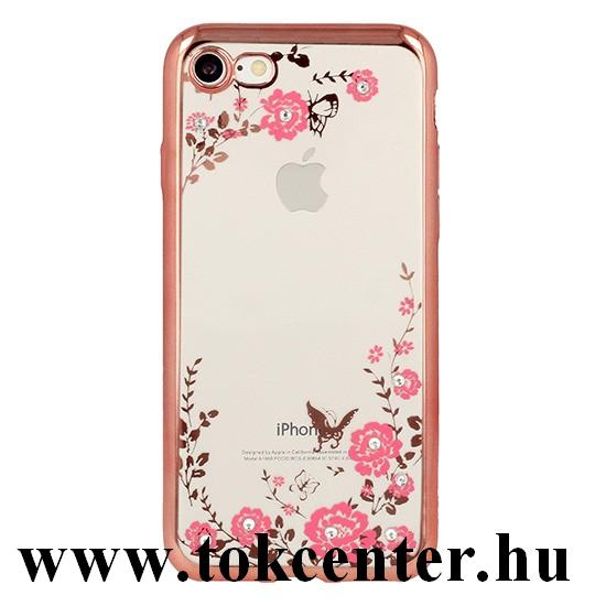 Apple iPhone 11 Pro 2019 (5,8'') Szilikon telefonvédő, rose gold, virág mintás köves tok	