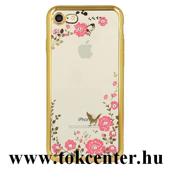 Apple iPhone 11 Pro 2019 (5,8'') Szilikon telefonvédő, arany, virág mintás köves tok	