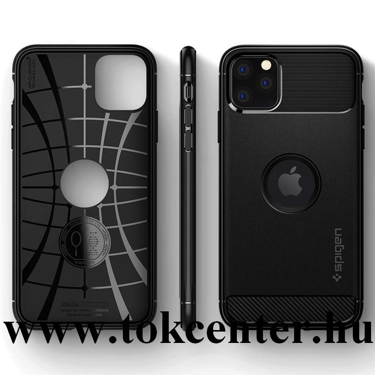 Apple iPhone 11 Pro Max SPIGEN RUGGED ARMOR szilikon telefonvédő (közepesen ütésálló, légpárnás sarok, karbon minta) FEKETE