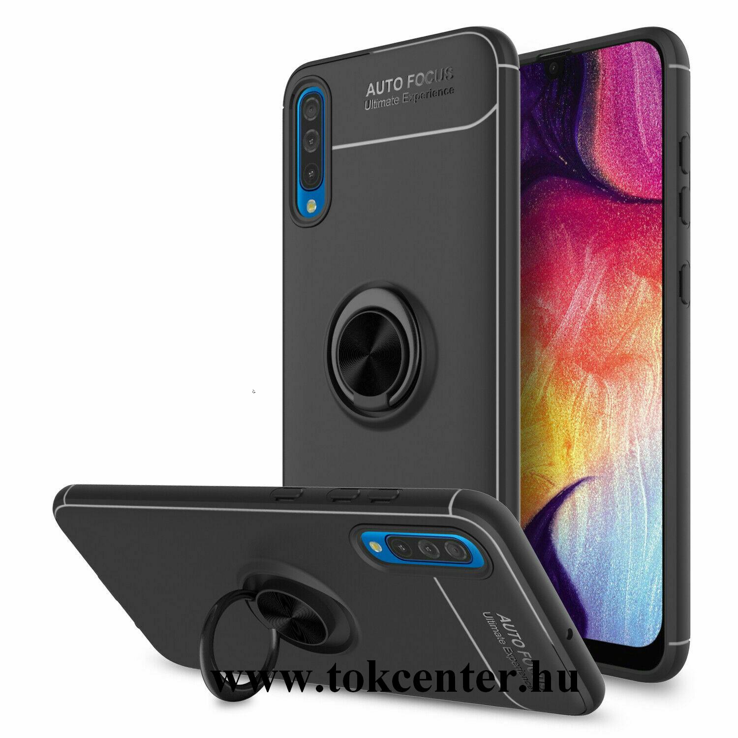 Samsung Galaxy A30s (SM-A307F) /Samsung Galaxy A50 (SM-A505F) Telefonvédő gumi / szilikon (asztali tartó funkció, telefontartó gyűrű, 360°-ban forgatható, beépített fémlemez) FEKETE