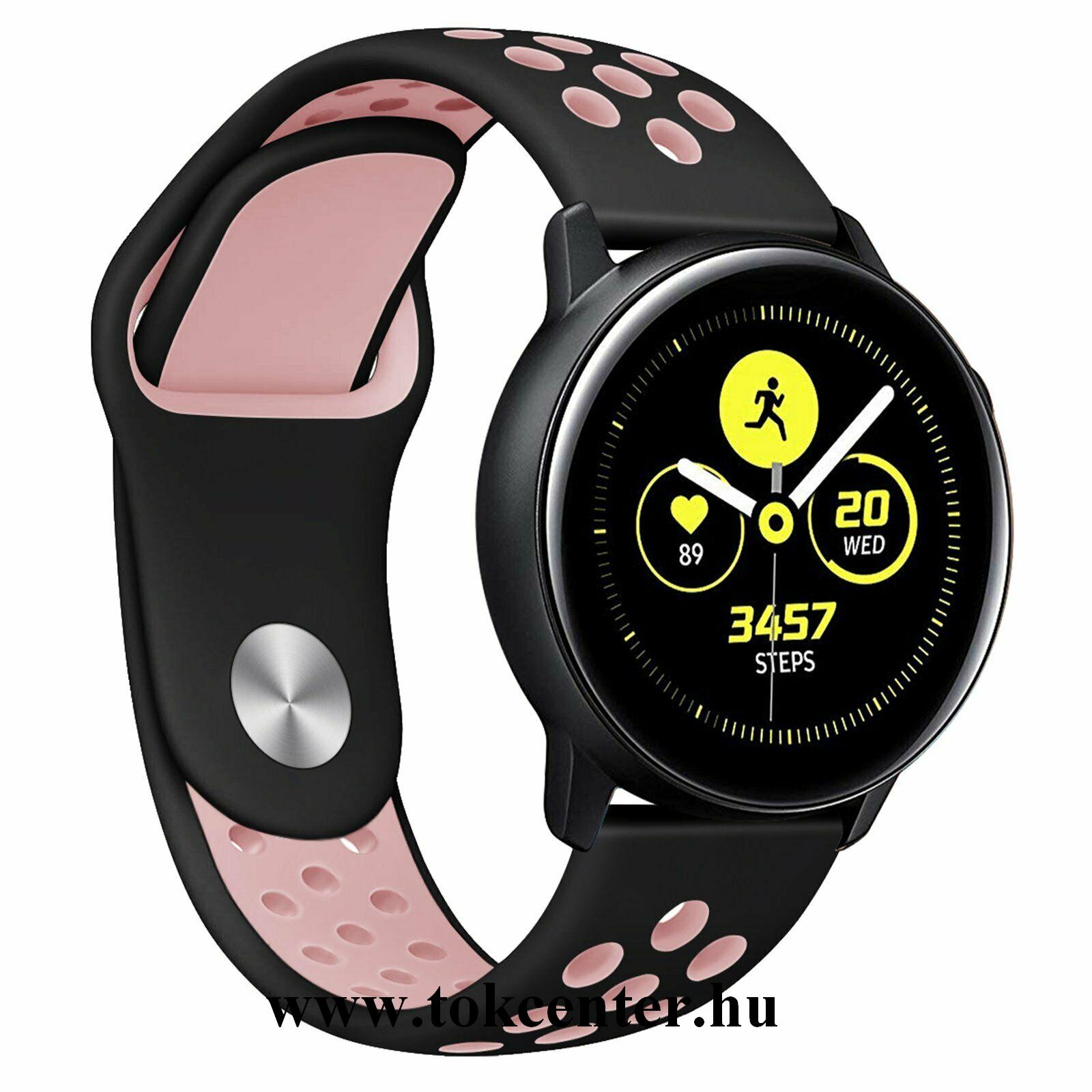 PÓTSZÍJ (szilikon, lyukacsos, légáteresztő) FEKETE / RÓZSASZÍN Samsung Galaxy Watch Active SM-R500