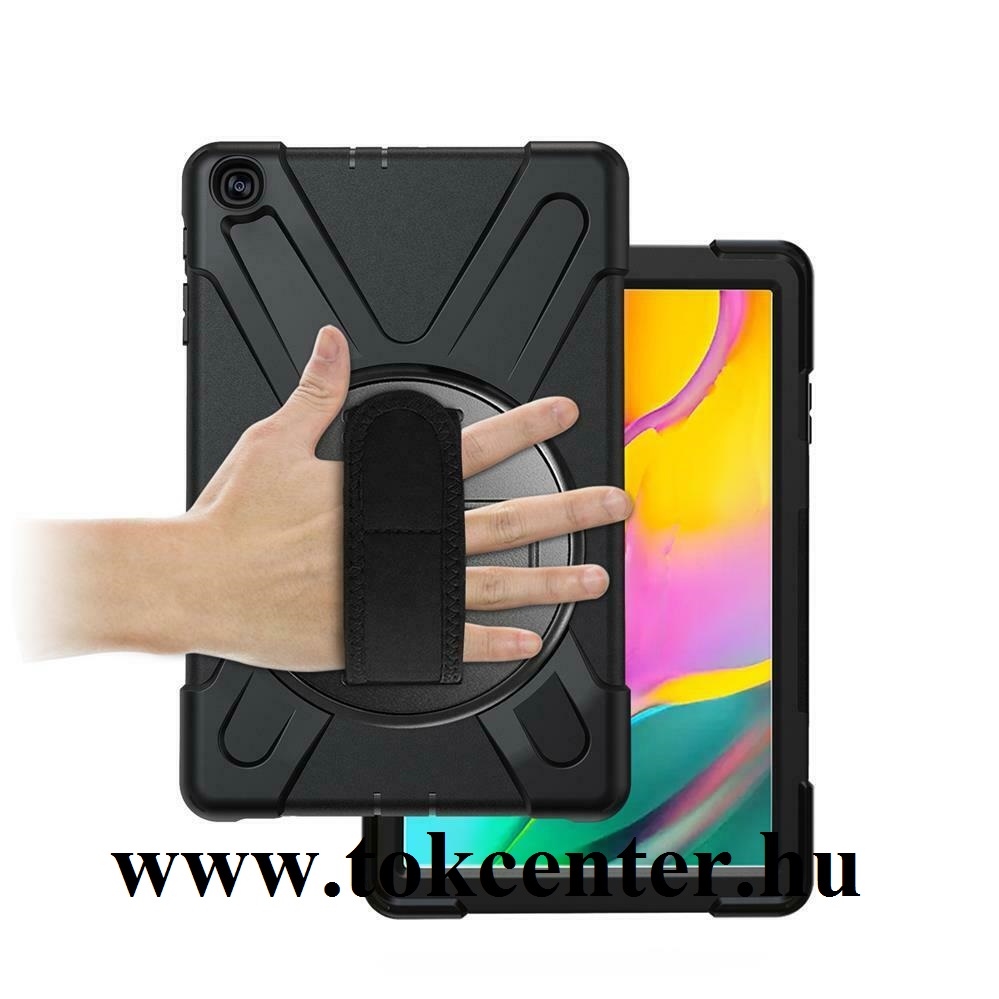 Samsung Galaxy Tab A 10.1 LTE (2019) SM-T515 / Samsung Galaxy Tab A 10.1 WIFI (2019) SM-T510 Műanyag telefonvédő (kézpánt, közepesen ütésálló, kitámasztó, 360°-ban forgatható) FEKETE