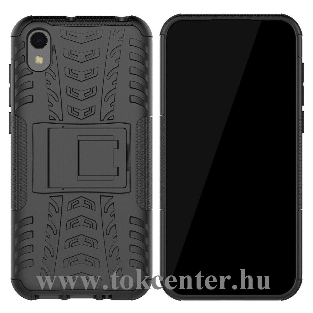 Honor 8S (2019) / Honor 8S (2020) / Huawei Y5 (2019) Defender műanyag telefonvédő (közepesen ütésálló, gumi / szilikon belső, kitámasztó, autógumi minta) FEKETE