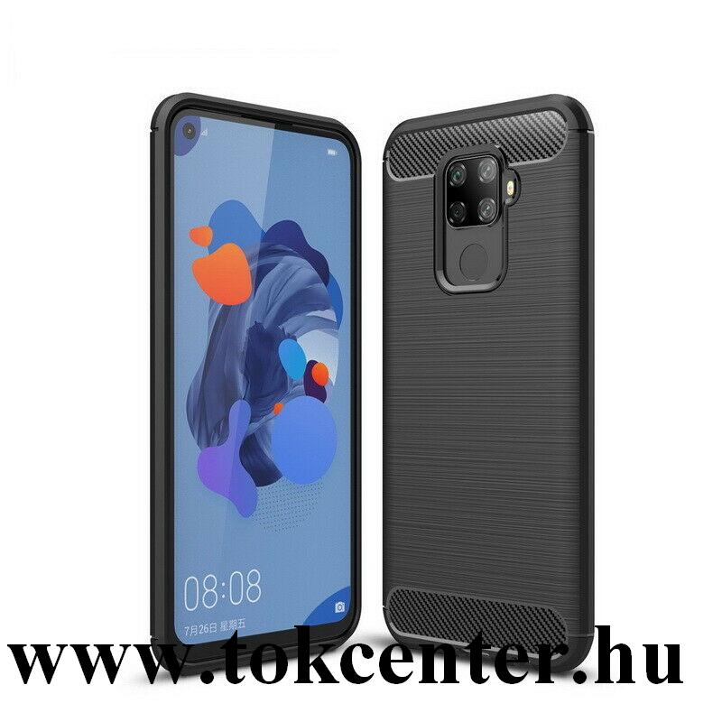 Huawei Mate 30 Lite Szilikon telefonvédő (közepesen ütésálló, légpárnás sarok, szálcsiszolt, karbon minta) FEKETE