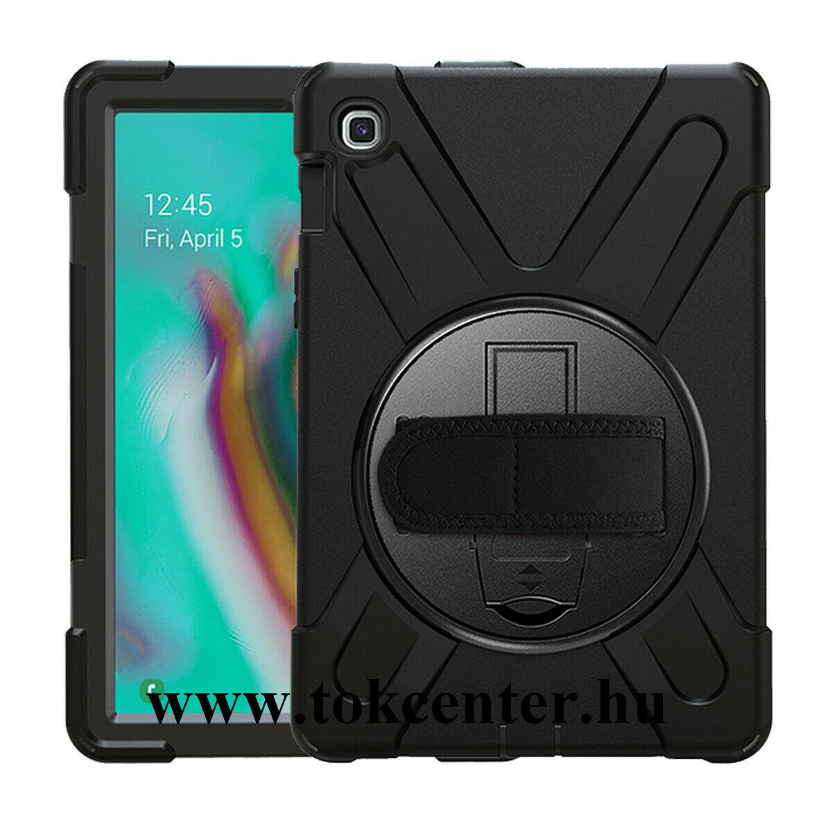 Samsung Galaxy Tab S5e 10.5 LTE (SM-T725) /Samsung Galaxy Tab S5e 10.5 WIFI (SM-T720) Műanyag telefonvédő (kézpánt, közepesen ütésálló, kitámasztó, 360°-ban forgatható, vállra akasztható) FEKETE